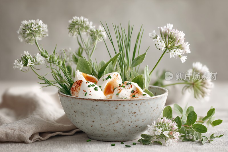 碗中鸡蛋配香草花卉静物图