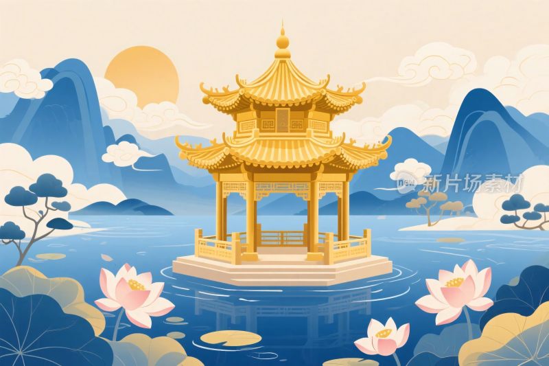 古风凉亭山水插画