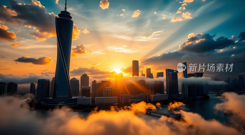日出城市天际线云雾缭绕高楼耸立