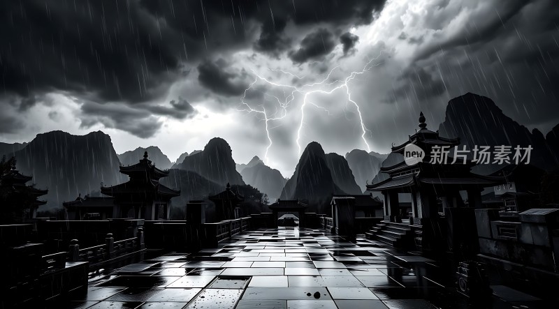 雨夜古建筑闪电雷鸣