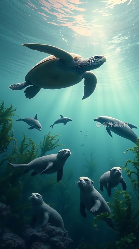 海龟与海豚共舞 underwater