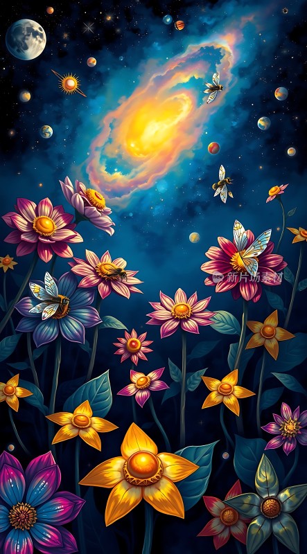 宇宙花园繁星与花朵共舞