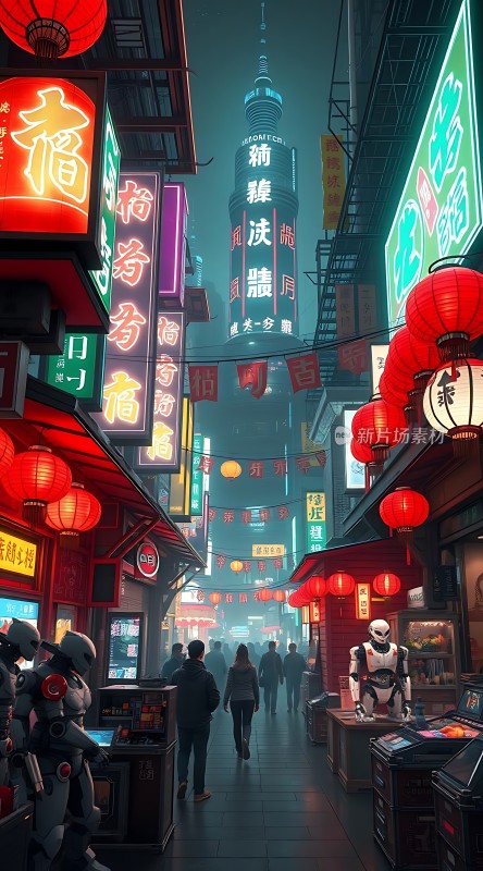 霓虹灯下的未来都市风情街