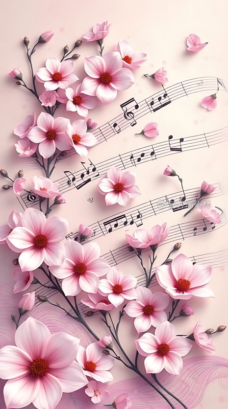 粉红樱花与乐谱交织
