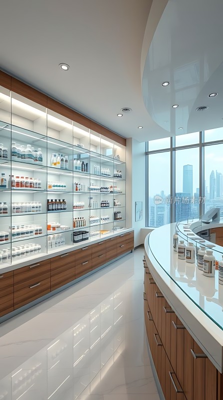 现代药房整洁明亮药品陈列整齐窗外城市景观映衬出药房的宁静与专业