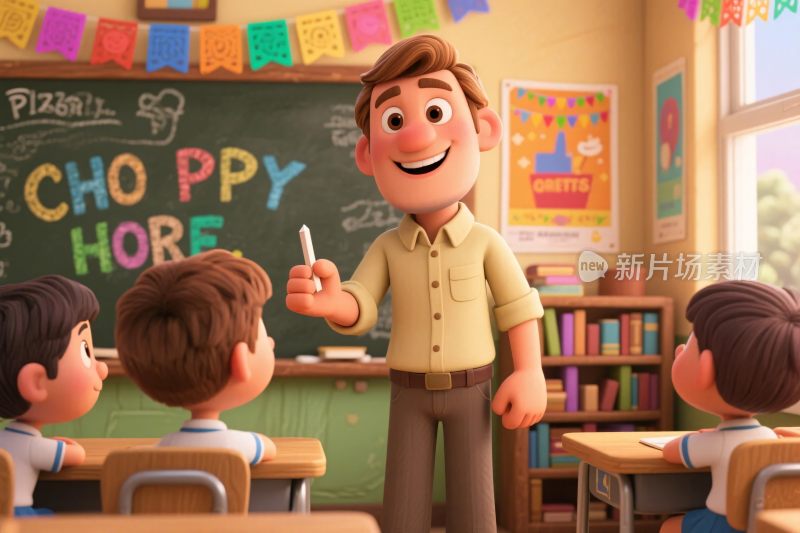 卡通教师授课教室场景