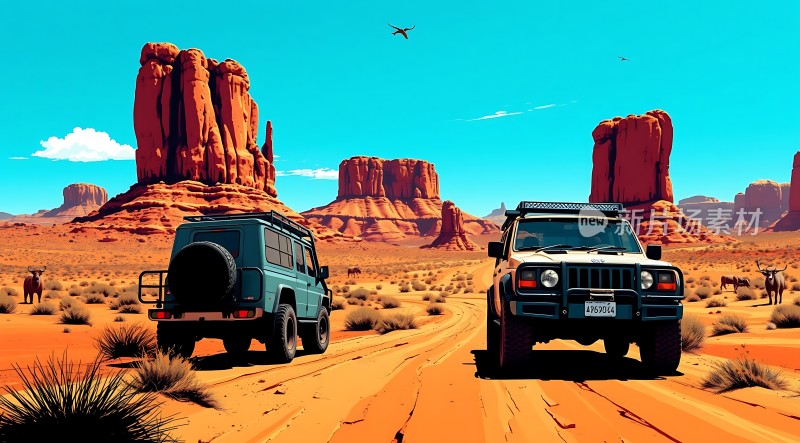 沙漠探险之旅越野车穿越红岩地貌