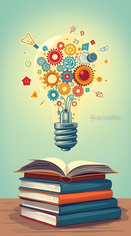书籍堆叠上的创意灯泡