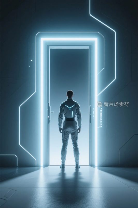 科幻场景中人物与发光门