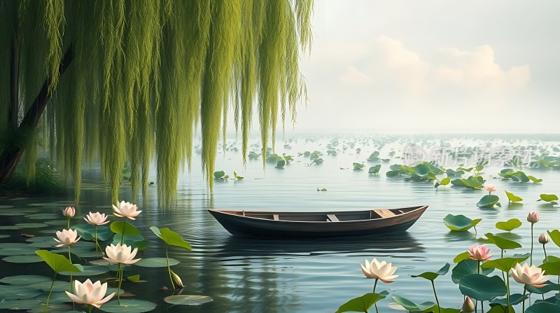 湖畔小舟映荷花