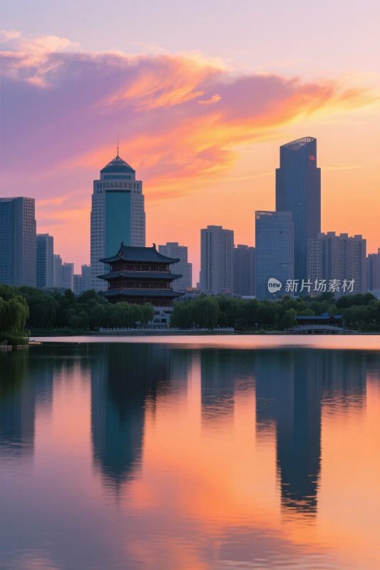 城市古建水景黄昏