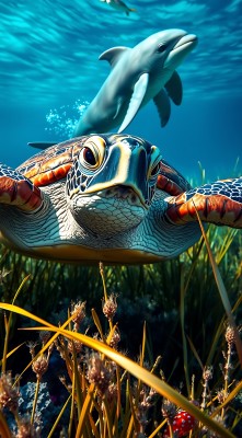 海豚与海龟共舞水下世界