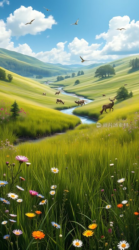 草原上的鹿群与野花