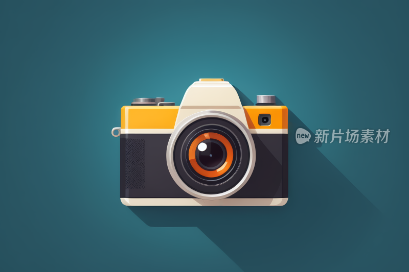 蓝色背景上带有长阴影的相机特写图片