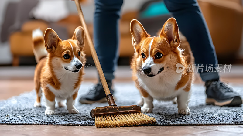 两只柯基犬看着主人扫地