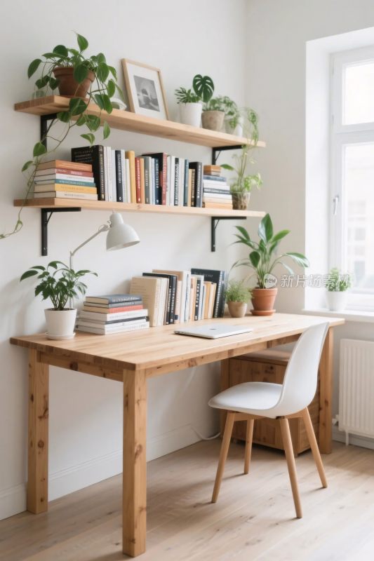 室内书桌绿植书架布置