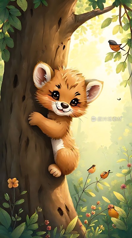 小狐狸攀爬大树鸟儿翩翩起舞