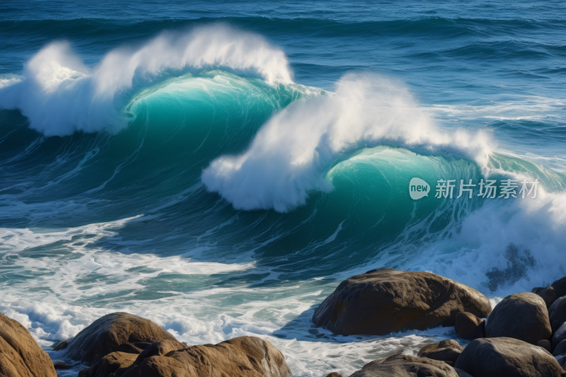 有两股大浪拍打着海洋中的岩石高清风景图片