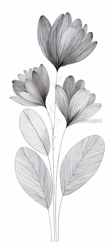 黑白线条花卉插画
