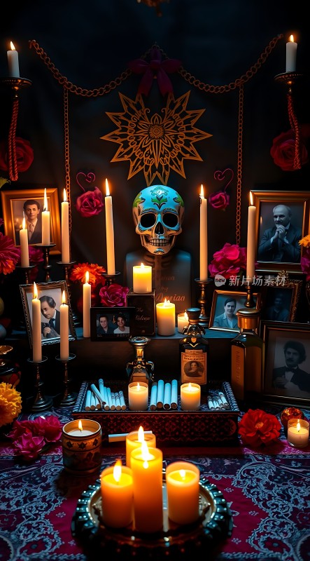 亡灵节祭坛蓝色骷髅与蜡烛
