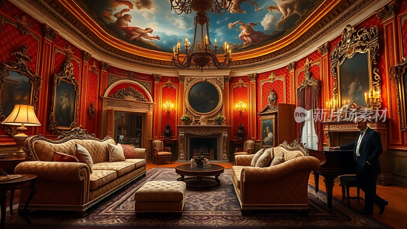 豪华客厅里的钢琴演奏者