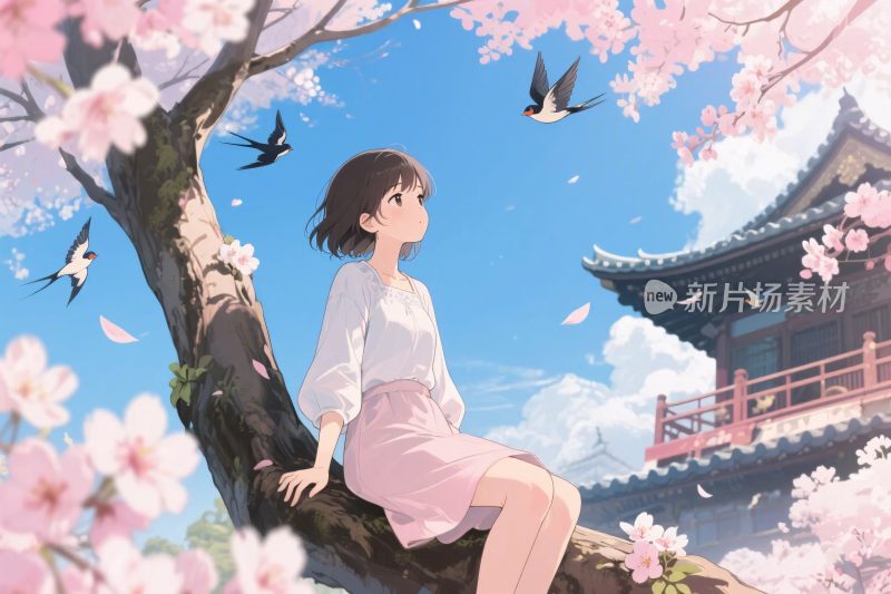 春日樱花女孩插画