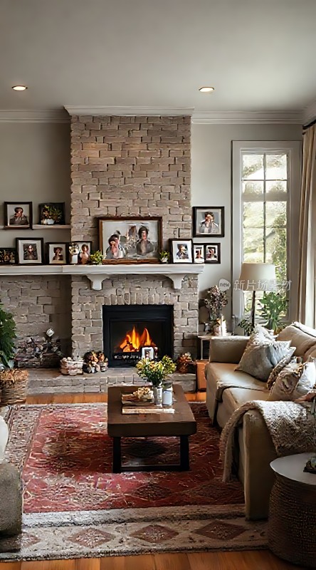 温馨壁炉客厅舒适沙发与地毯