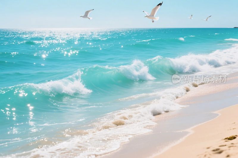 海滩海浪海鸥风景
