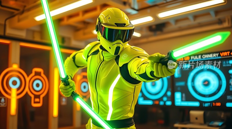 未来战士挥舞光剑科技感十足的场景