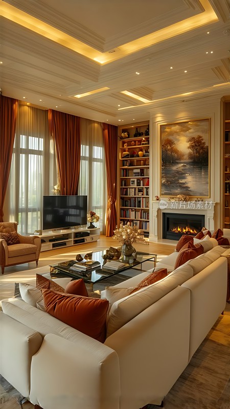 豪华客厅舒适沙发温馨壁炉精美装饰画现代家居风格