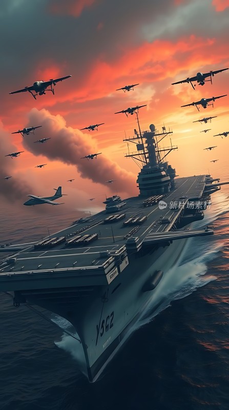 航母编队破浪前行夕阳下的壮丽海战场景
