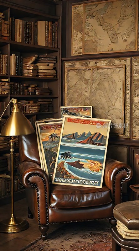 古董书架上的风景画与地图