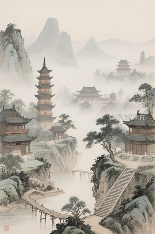 古风山水古建筑插画
