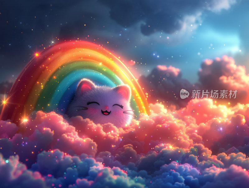 彩虹云朵上的梦幻猫咪