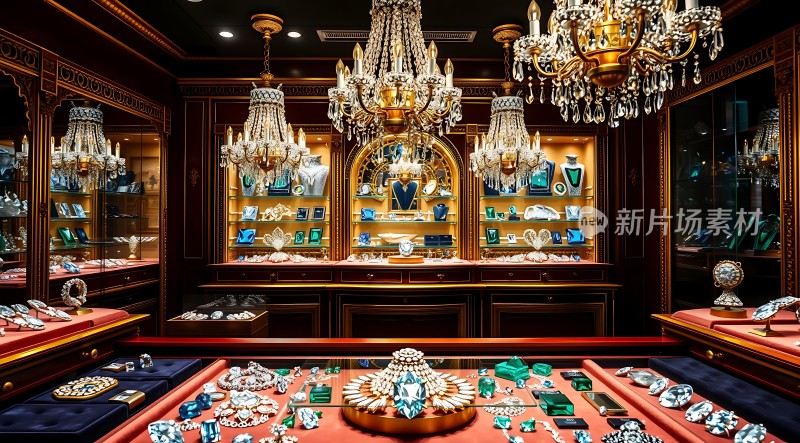 珠宝店奢华展示璀璨吊灯与精美首饰交相辉映