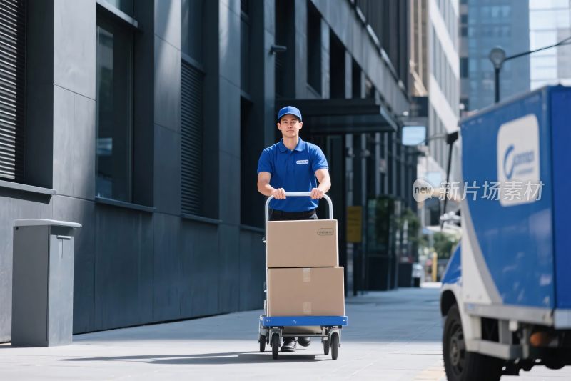 快递员推手推车送货