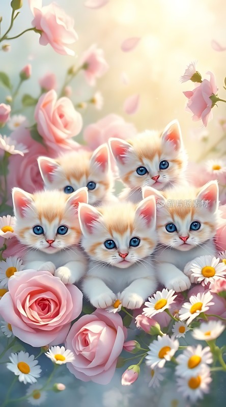 五只小猫在花丛中玩耍