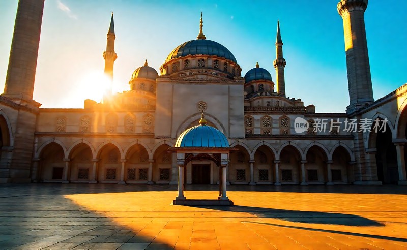 金色阳光下的宏伟清真寺