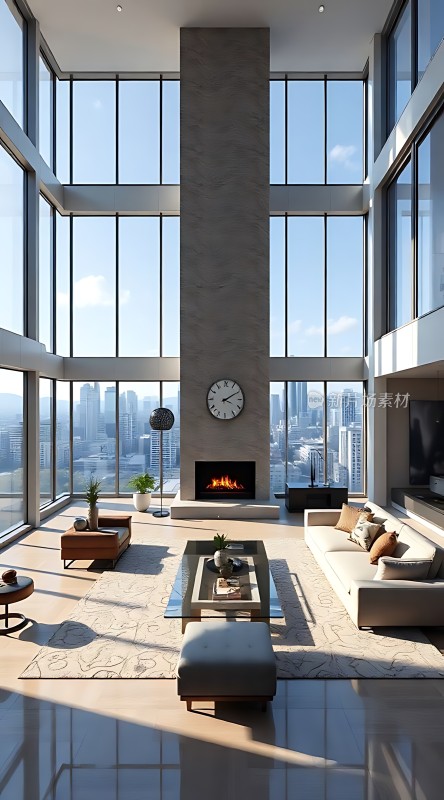现代客厅全景落地窗、壁炉与城市景观