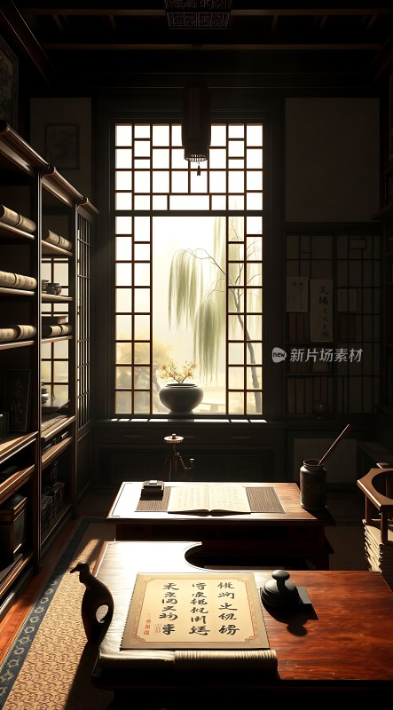 古风书房阳光洒落书卷墨香四溢