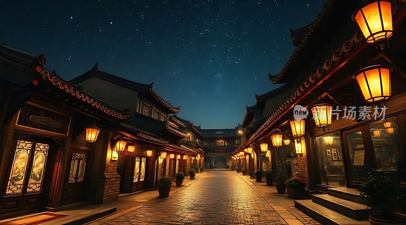 古街夜色灯火阑珊映星空