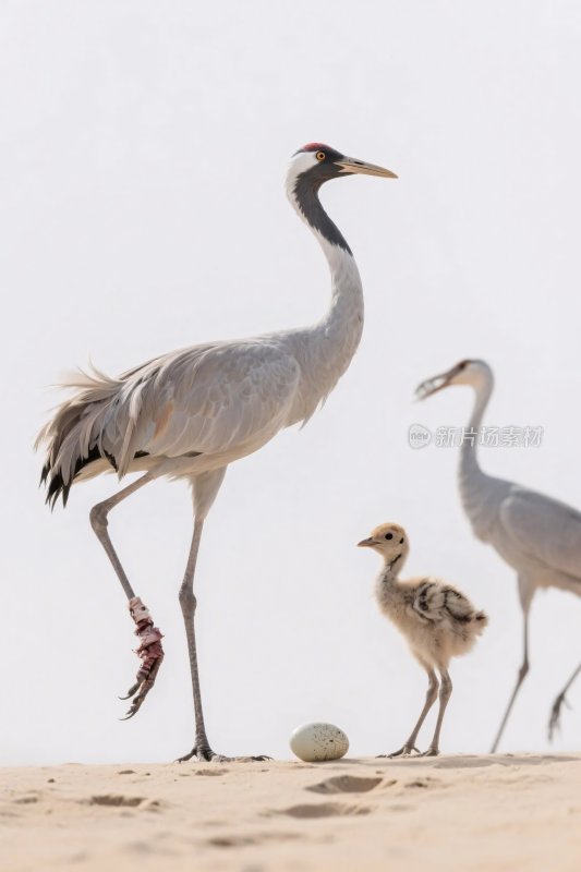 鹤与幼鹤及鸟蛋沙地场景