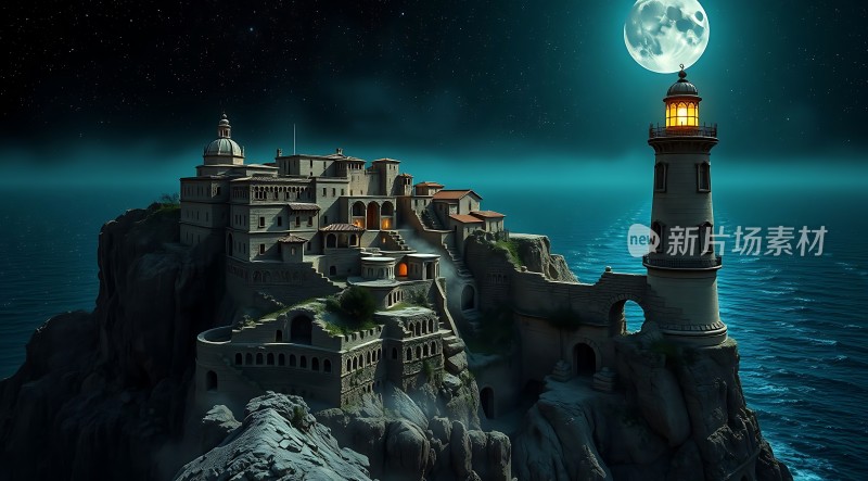 月下灯塔与古城