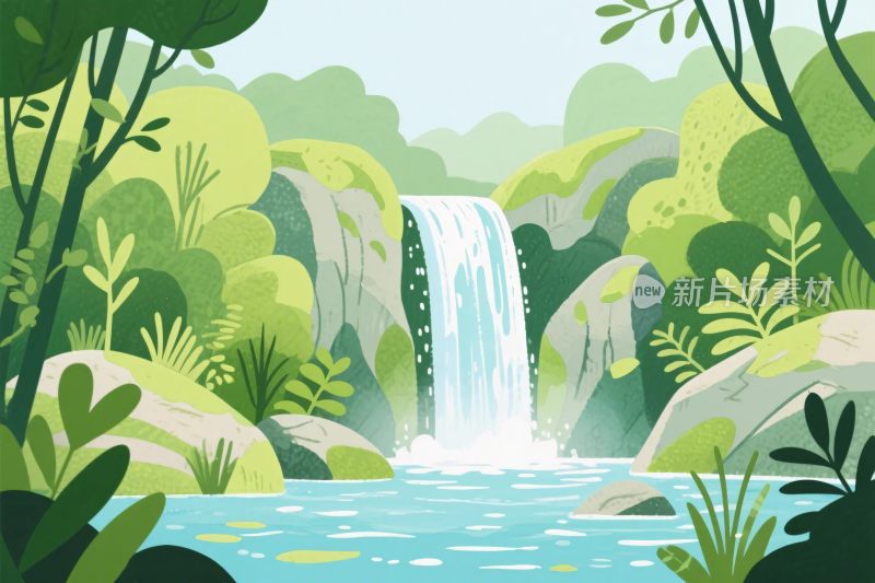 森林瀑布风景插画