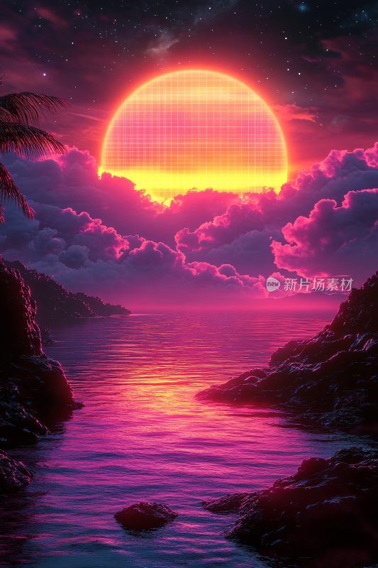 梦幻唯美的海边落日景象