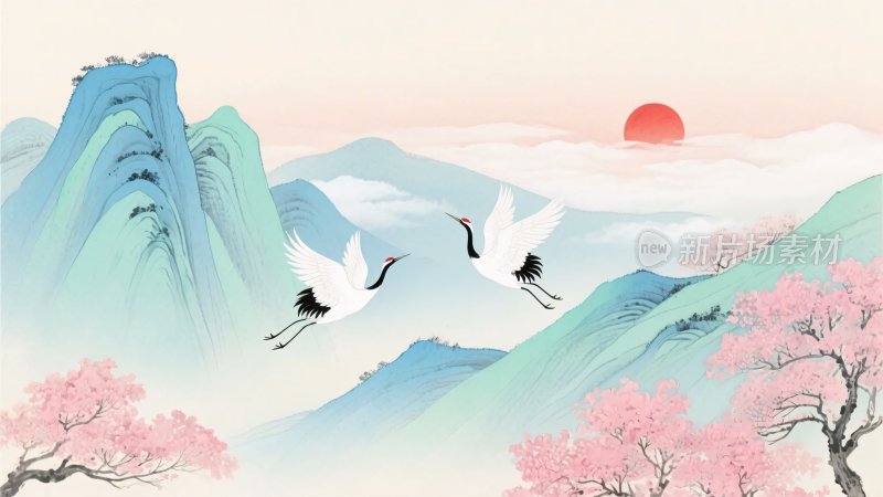 山水间双鹤伴日飞翔图景