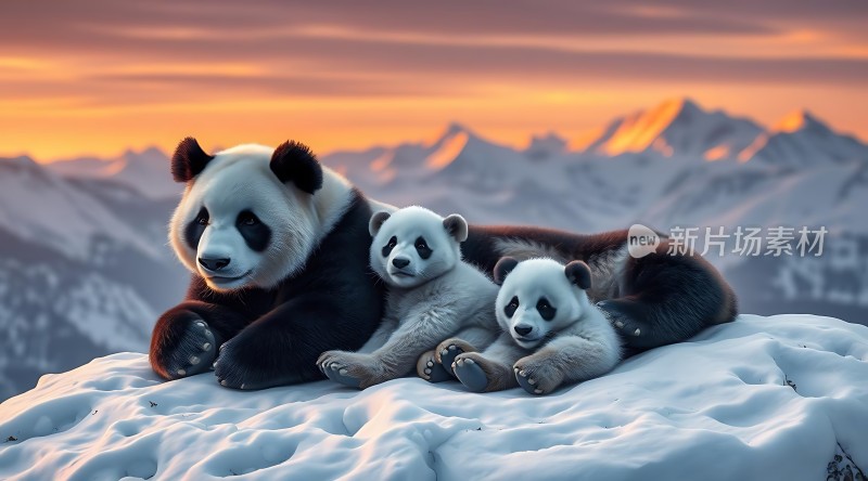 三只熊猫雪地依偎日落美景