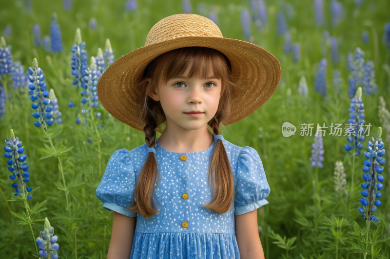 穿着蓝色连衣裙和草帽站在蓝帽子里的女孩