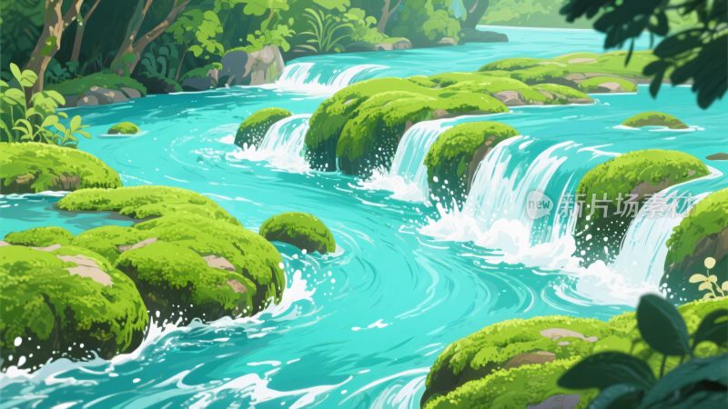 清新自然的山间溪流插画