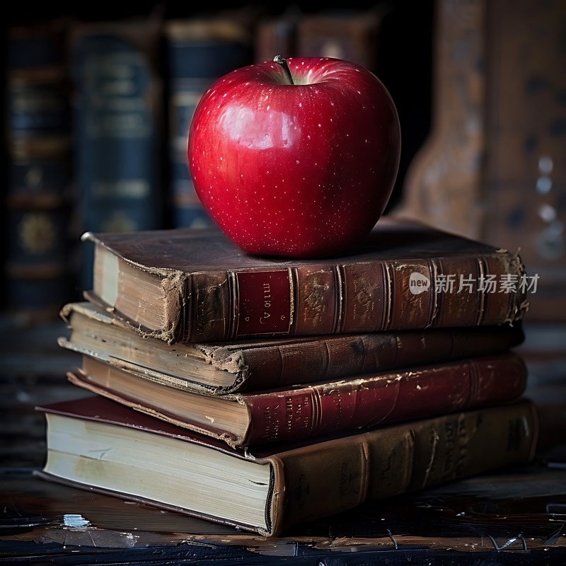 红苹果与古旧书籍
